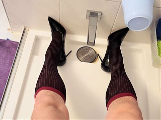 Exploding on my cum stained dress socks and heels